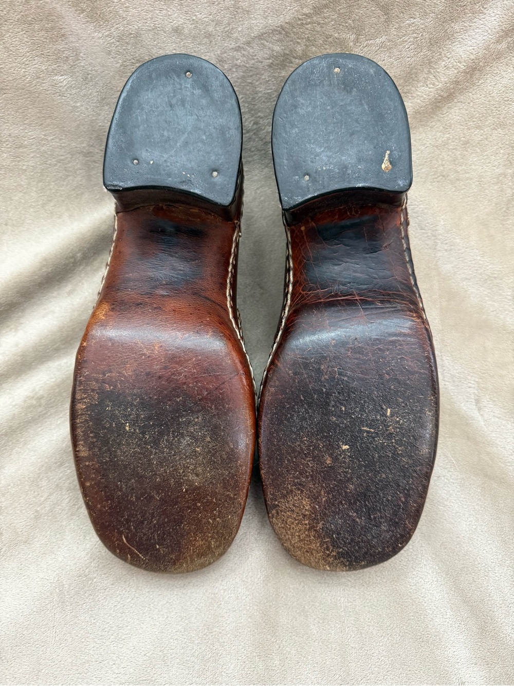 * Vintage Leather Chunky Heel Loafers Bold Stitching - Picture 9 of 12